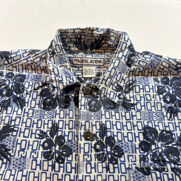 Pacific Scene Other - Pacific Scene Hawaiian Shirt Men Large Blue Floral Cotton Short Sleeve Button Up